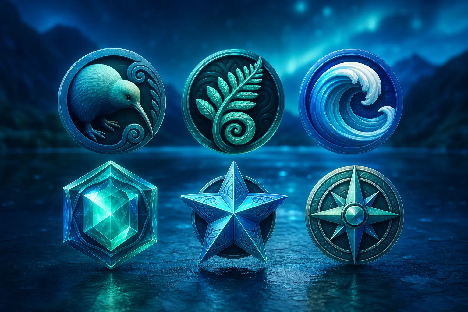 KiwiiGames symbol set including Kiwi, Fern, Wave